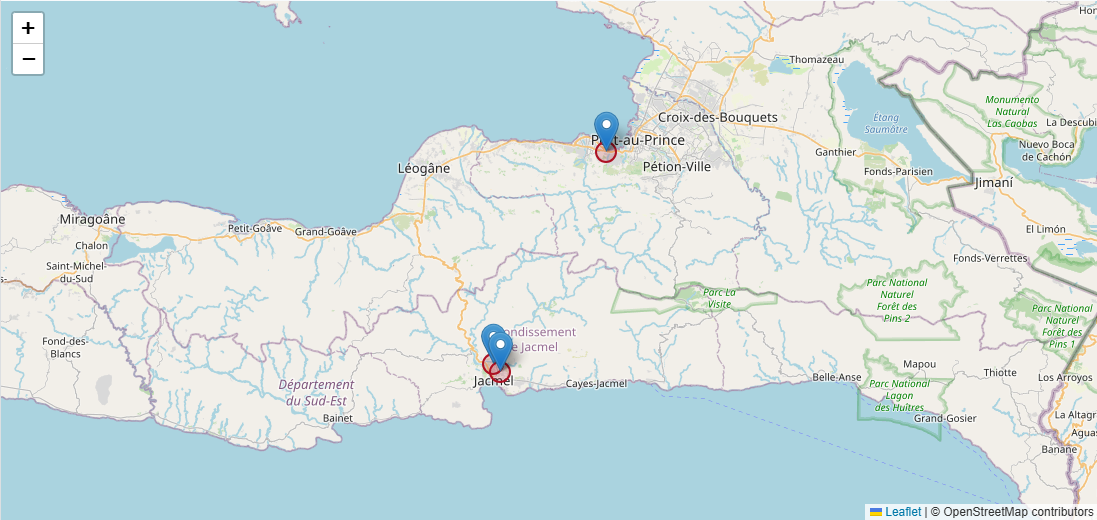 Map showing Restore Haiti communities in Morne Ogé and Matador near Jacmel, and Carrefour in the Port-au-Prince region